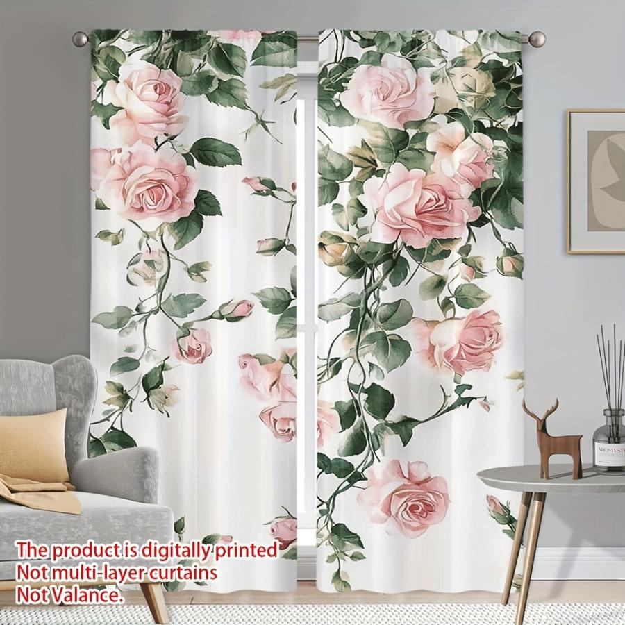2PCS Digital Printed Curtains, Pink Ink Flower Marks Pattern, Beautiful Window Drapes for Living Room Bedroom Home Decor