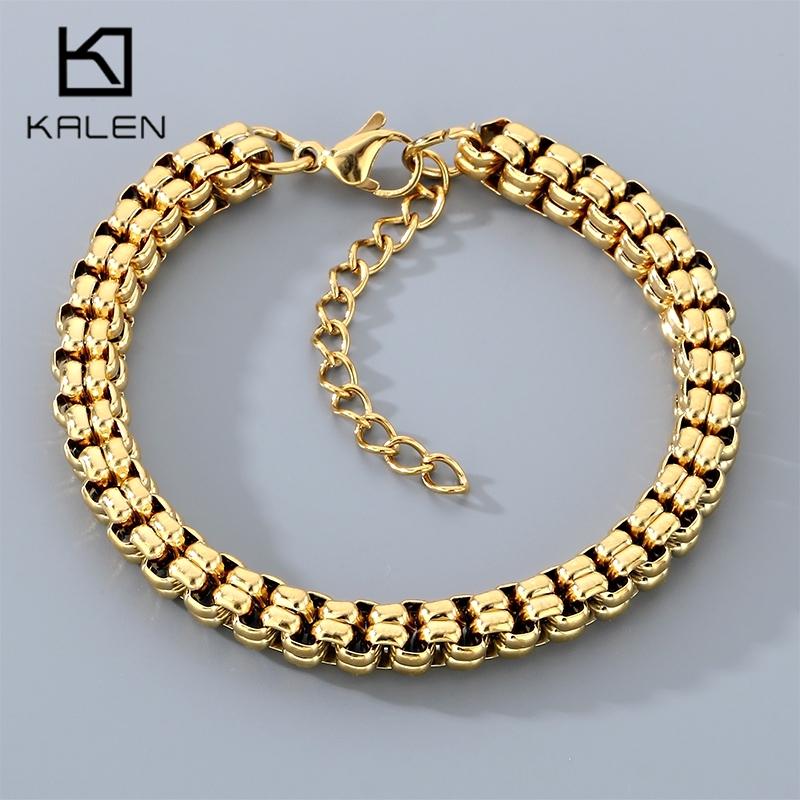 KALEN Gold Color Double Row Stainless Steel Bracelet for Men Hip Hop Cuban Link Necklace Extension Thick Waterproof Jewelry Gift