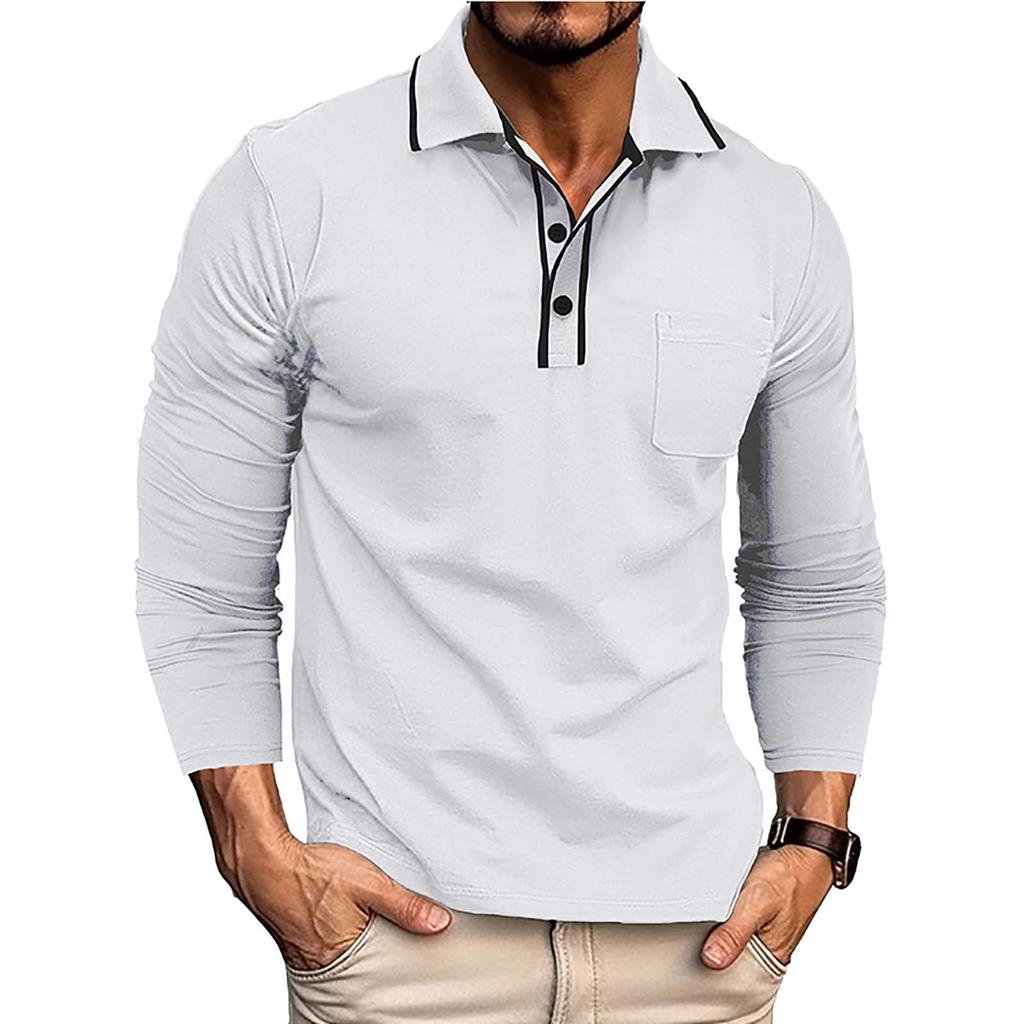 Men's Spring And Solid Color T-shirt Lapel 3 Button Open Placket Button Long Sleeved Top