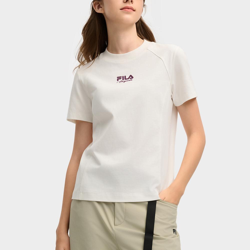 Fila Original Casual Versatile Knitted Short Sleeve T-Shirt Women Tops Cloud-Mushroom-White F11W519103FWT
