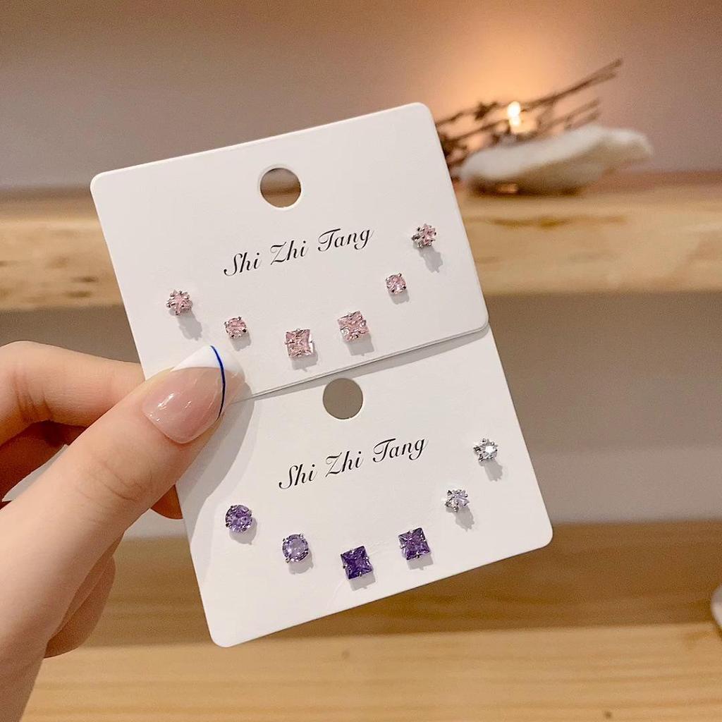 925 Silver Crystal Stud Earrings Set - Trendy Niche Design for Women, 2022 Summer Collection, Six-Piece High-End Style.