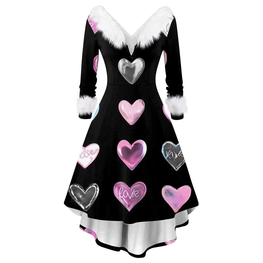 Damen stilvolles und elegantes langärmeliges V-Ausschnitt Kleid mit Valentinstags-Herzprint
