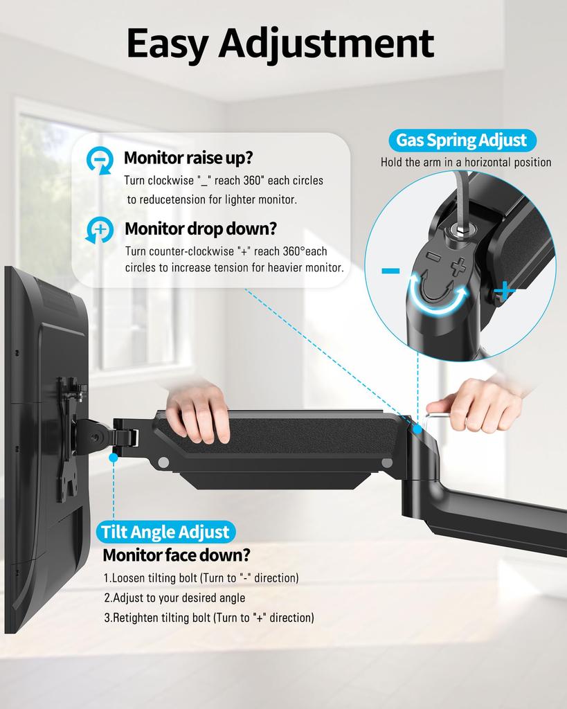 MOUNTUP PC Monitor Wall LCD Display Gas Compatible with Load Capacity Arm VESA75mm Vertical and Horizontal Angle Adjustment Arm, Mounted, Arm, Spring,