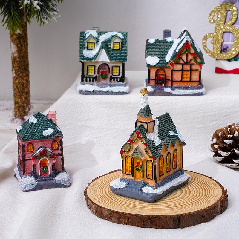 Christmas Decorations Luminous Resin Christmas Small House Micro Landscape Christmas Snow House Gift Ornaments