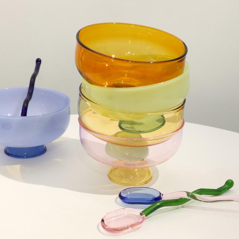 Stained Glass Transparent Goblet Bowl Spoon Set High Borosilicate Glass Bowl Fruit Salad Dessert Bowls Household Tableware