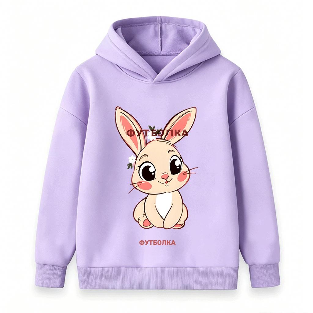 Cute Cartoon Bunny with Little White Flowers Print Kids Hoodie, Casual Soft Pullover Sweatshirt for Boys Girls, Cozy Long Sleeve Tops for Daily Outdoo