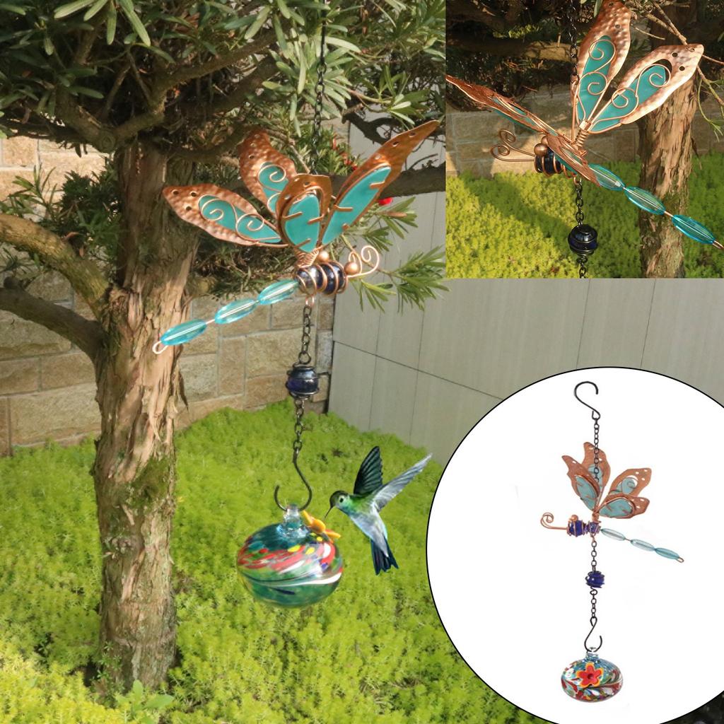 Outdoor Garden Hanging Dragon Fly Shape Single Painted Glass Ball Bird Feeder