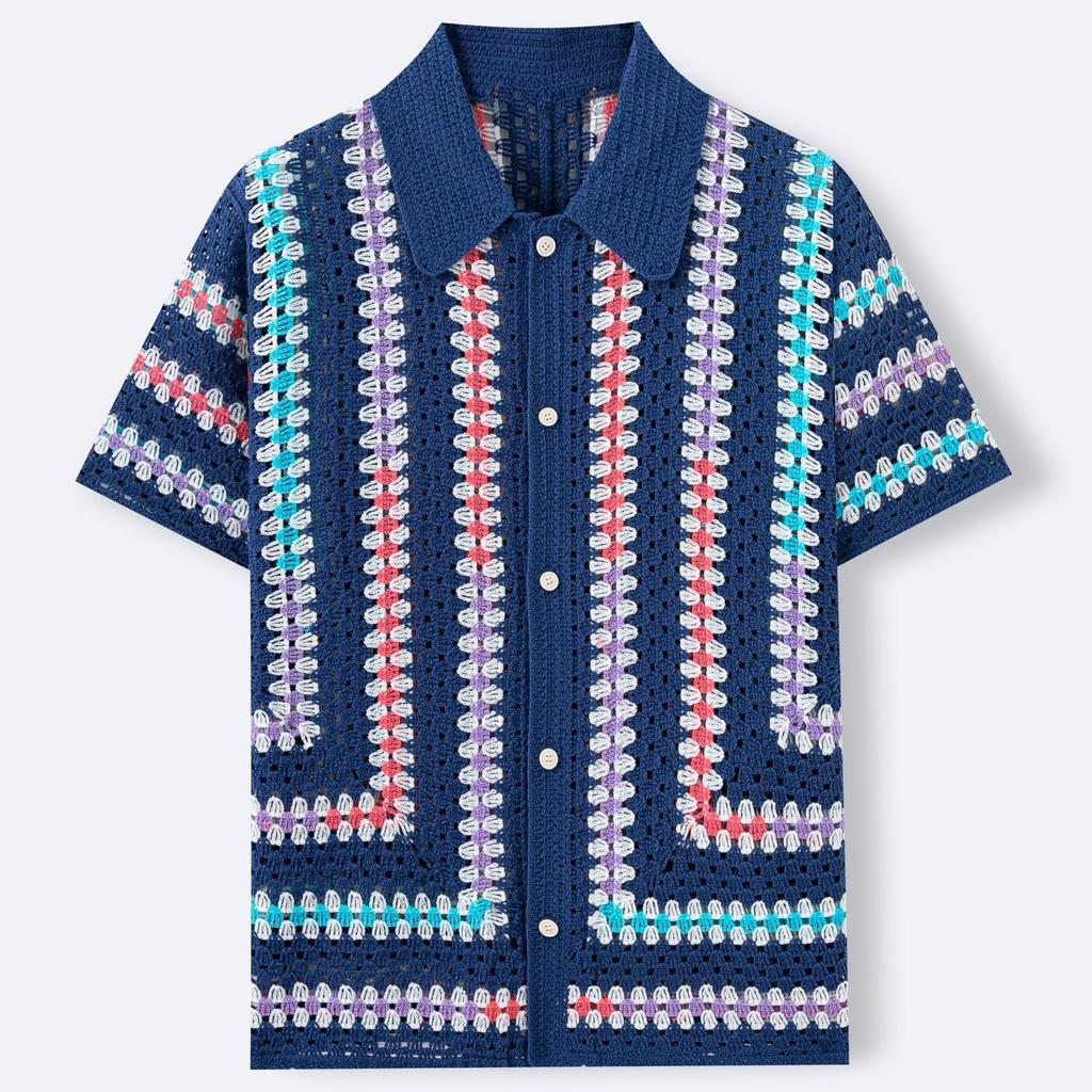 Knitted Crochet Short Sleeve Shirts for Men Casual Button Down Hollow Out Collared Shirt Tops Men's Summer Vacation Vintage Knit Golf Beach Shirts Top