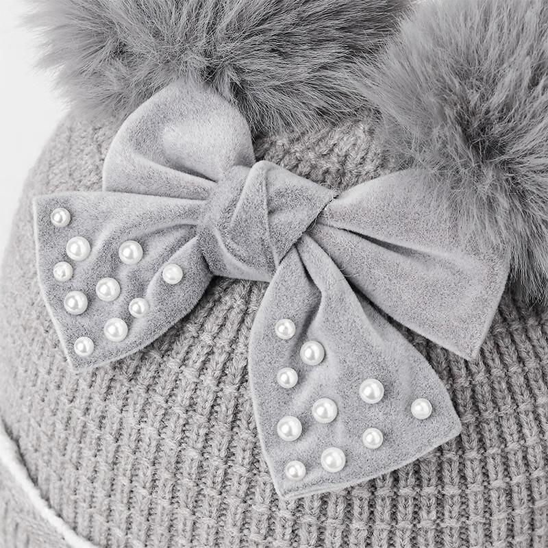 Girls' Winter Bow Double Pom-Pom Knitted Beanie
