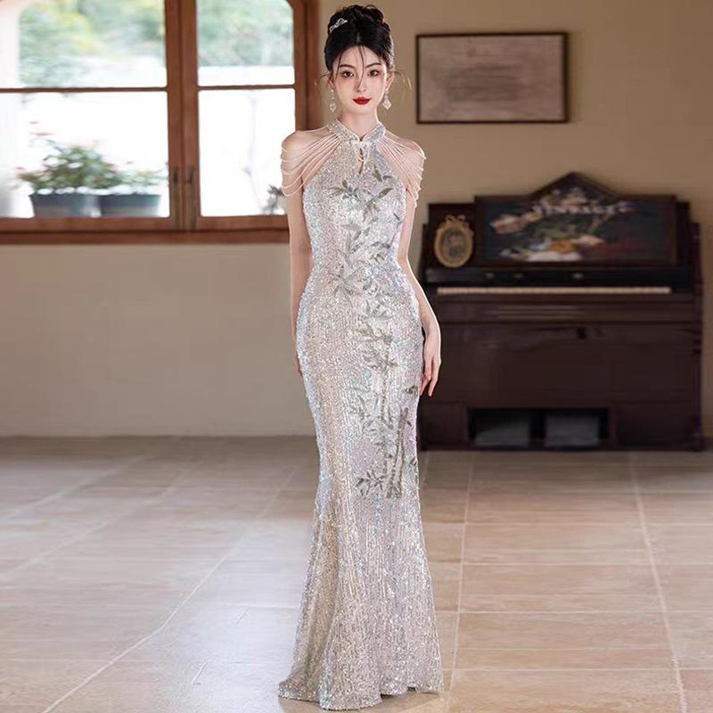 Sequined Evening Dress Dress, High-end Sense, Light Luxury, Niche and Beautiful Fishtail Dress 1011 New Host Performance Clothes