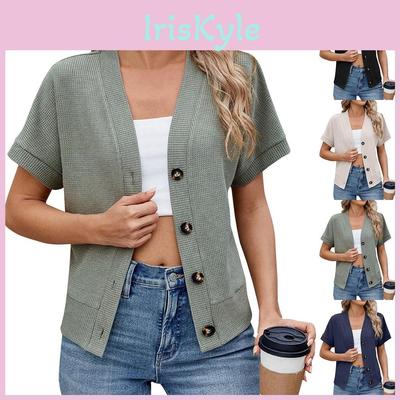Versatile And Womens Casual Fashionable Vneck Knit Button Short Sleeve Cardigan Top