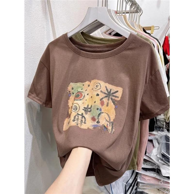 Japanese Retro Graffiti Printed Cotton Men's and Women's Short-sleeved T-shirts for Autumn Loose and Comfortable Round Neck Tops