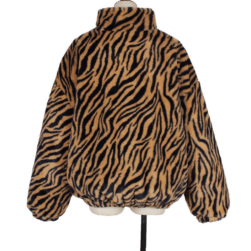 Women's Zebra Print Faux Fur Zip-Up Jacket Stand Collar Warm Winter Coat
