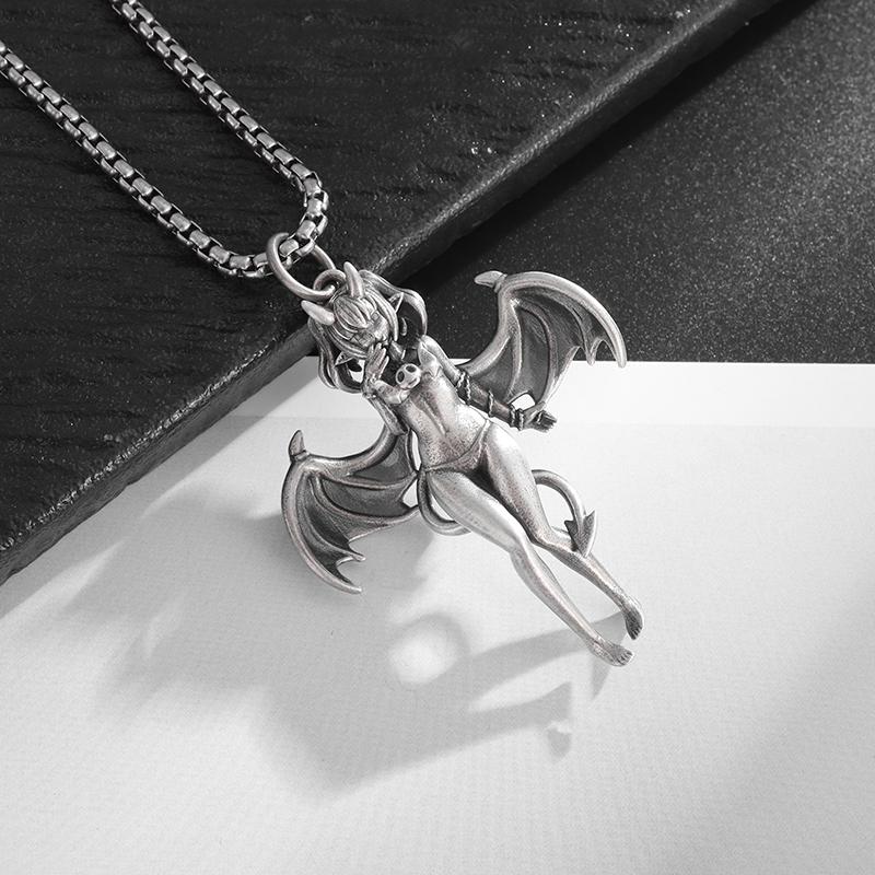 Gothic Punk Sexy Devil Bat Girl Goddess Pendant Necklace for Men and Women Hip Hop Trendy Halloween Cosplay Party Jewelry
