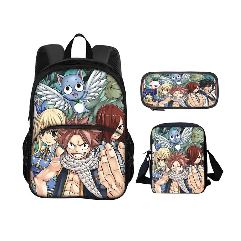 Fairy Tail Cartoon 3Pcs Set with Front Pocket Backpack+Shoulder Bags+Pencil Bag Student Boys and Girls Best Gift Stationery