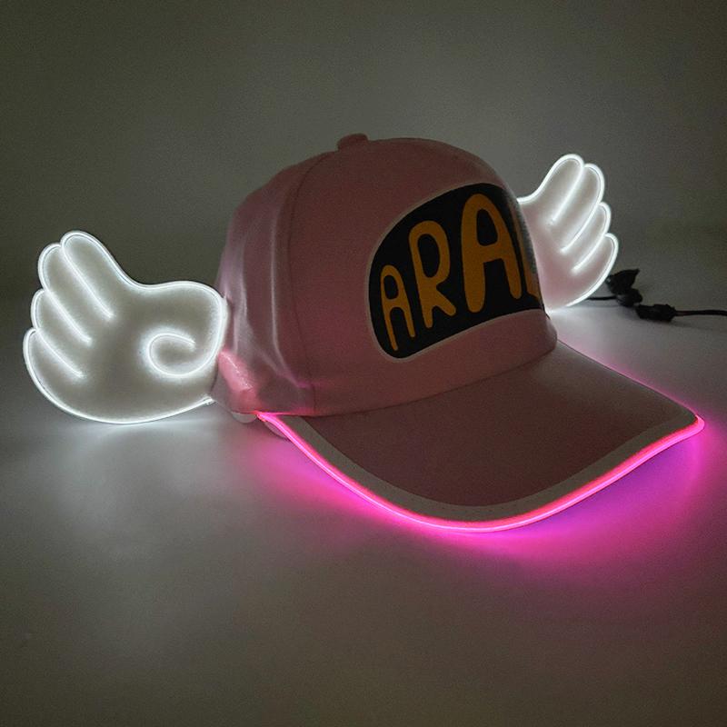 Kawaii Anime Glowing Neon Arale Hat Dr.Slump LED Light Pink Baseball Cap Cosplay Party Props Luminous Hat With Angel Wings Decor