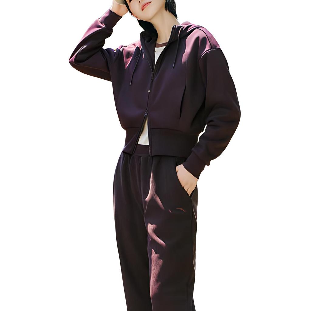 Anta Solid Color Zipper Hooded Comfortable Breathable Fleece Short Cardigan Sweatshirt Women sweatshirt Dark-Brown 962447705-3