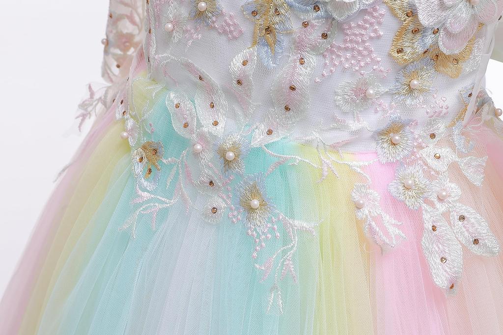 Weileenice Rainbow Size Dress with Embroidered Floral Tulle Rainbow Formal Wear for and Parties Children's Dress, 140, White, Girls' Sleeves, Lace,