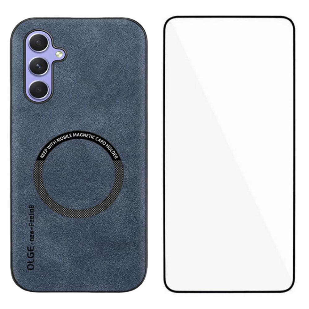 WANLONFENG YBP Series For Samsung Galaxy A55 5G Magnetic Case with Tempered Glass Film PU Leather+TPU Phone Cover Large Cutout