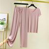 Nuovo due pezzi estivo in seta ghiacciata: Top a maniche corte con scollo a V e pantaloni casual drappeggiati a gamba larga