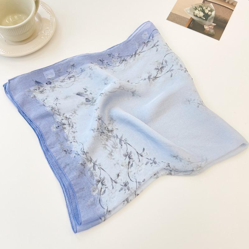 Spring and summer blue floral versatile thin small silk scarf women's mulberry silk yarn fashion neck protection small square scarf scarf