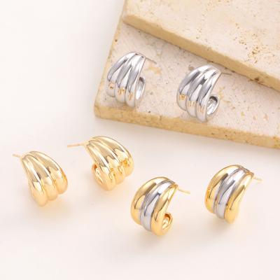Plated Hoop Earrings for Women Triple Hoop Illusion Stud Earrings C-Shaped Multi-Layered Earrings for Wedding Prom Events