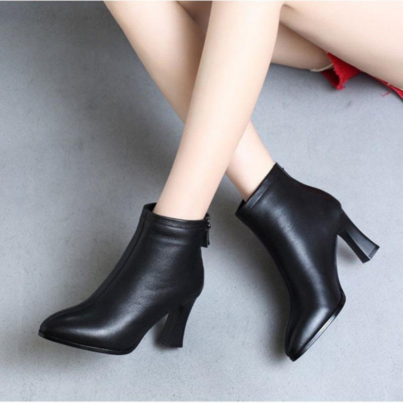 Spring, autumn and winter new soft leather high heels velvet Martin boots factory women's shoes temperament thick heel short boots single boots