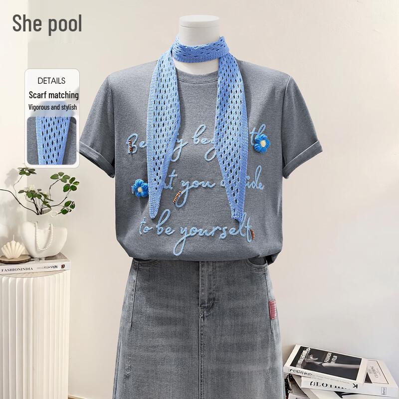 Shechi Women s Letter & 3D Flower Embroidered T-Shirt S