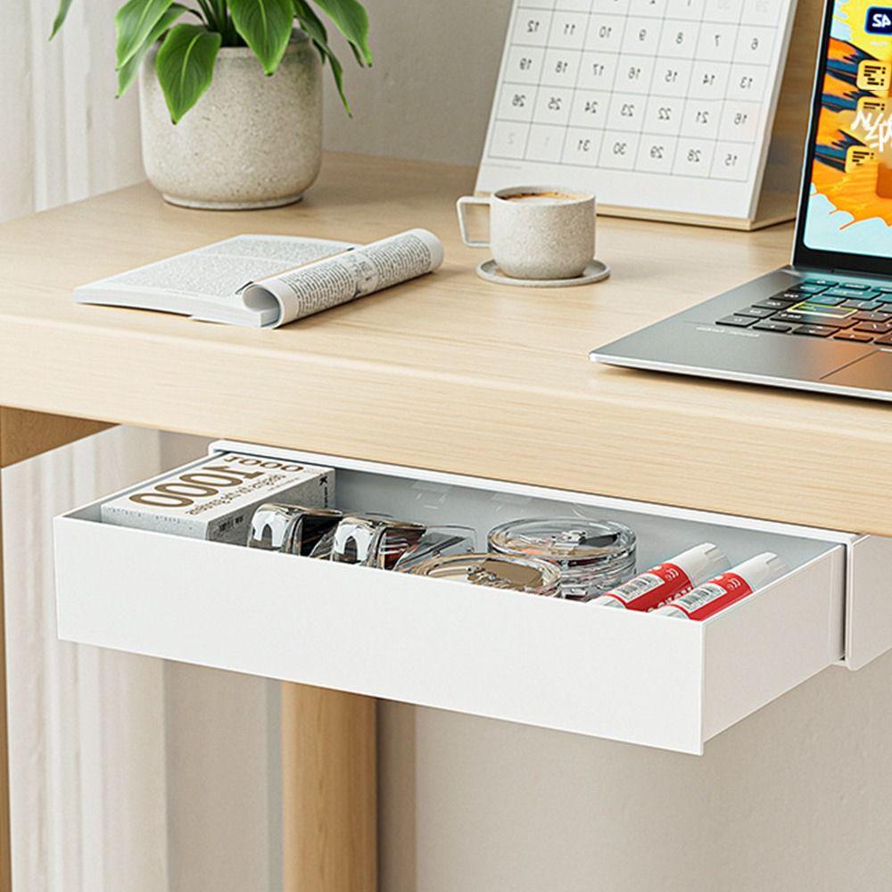 White Under Desk Storage Box Hidden Design Storage Box Desk Storage Drawer Self Adhesive Organizer Drawer