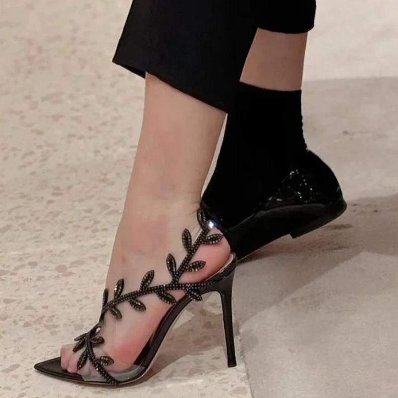 Fashion Women High Heels Summer Street Style Transparent Crystal Pointed Toe Women Sandals Women Fashion Stripper Thin Heels Party Shoes