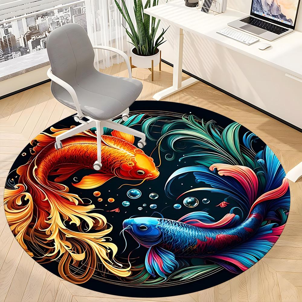1pc Koi Fish Artwork Carpet, Round Non Slip Durable Large Size Office Carpet, Suitable for Office