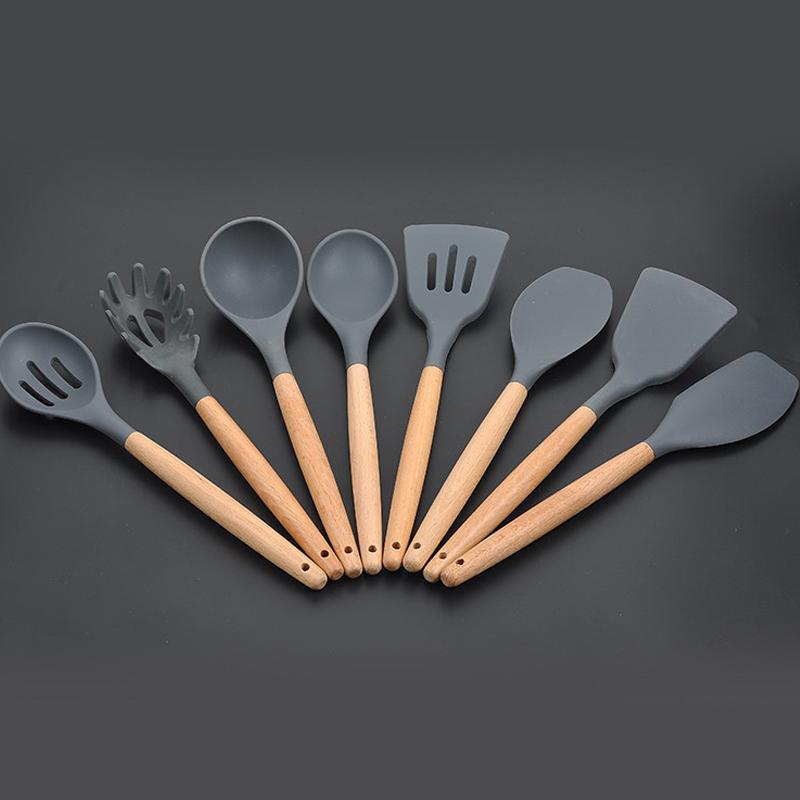 8Pcs/set Silicone Kitchen Utensil Set Spatula Slotted Spoon With Wood Handle Baking Cooking Tools