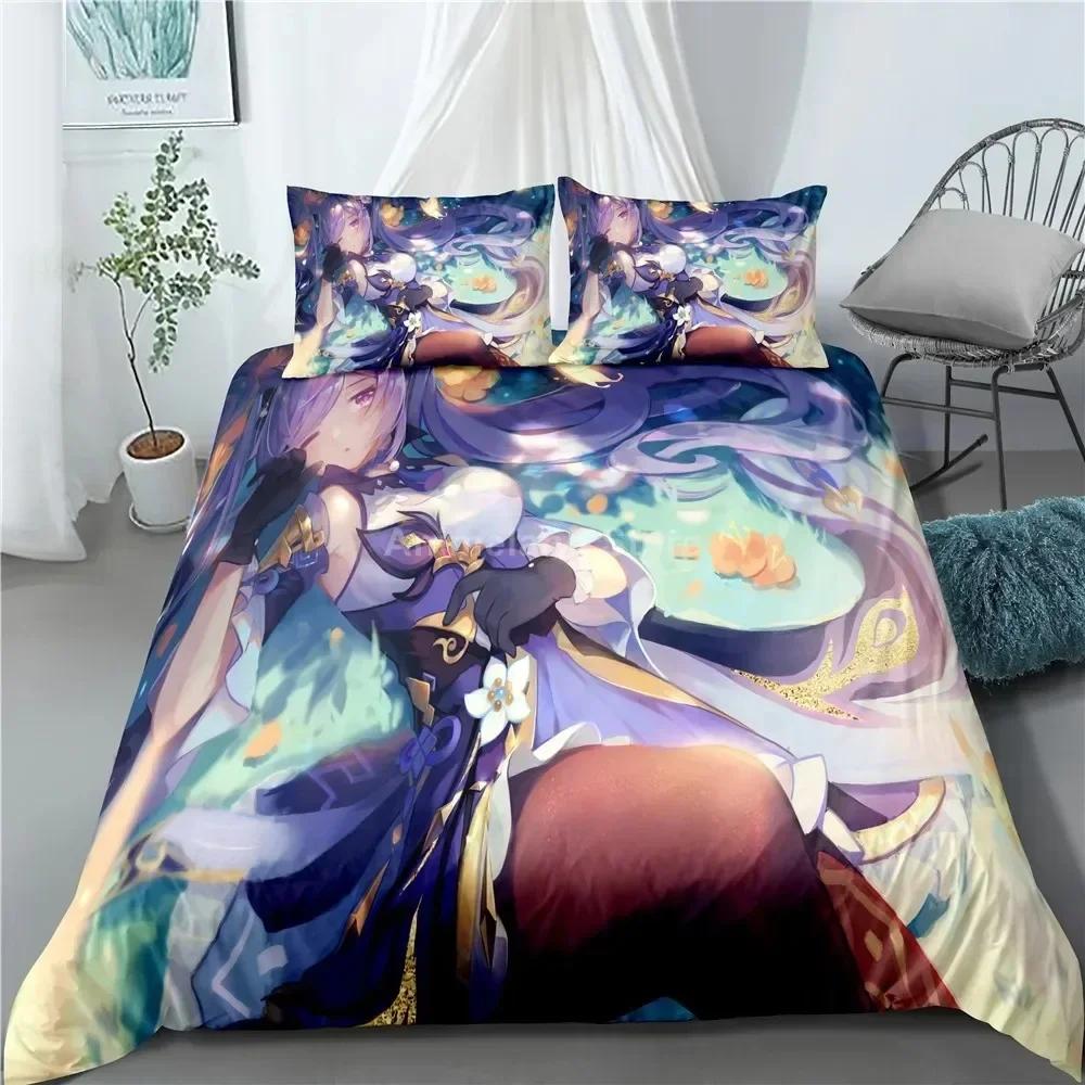 Luxury New 3D Print Keqing Bedding Set Genshin Impact Game Bed Linen Quilt Soft Duvet Cover Sets Home Room Decor Purple