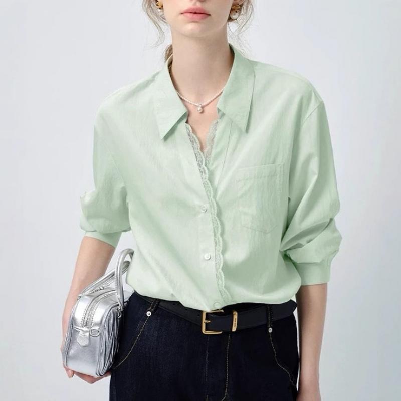 White long-sleeve women's shirt, 2026 spring new style, European style lace trim loose top