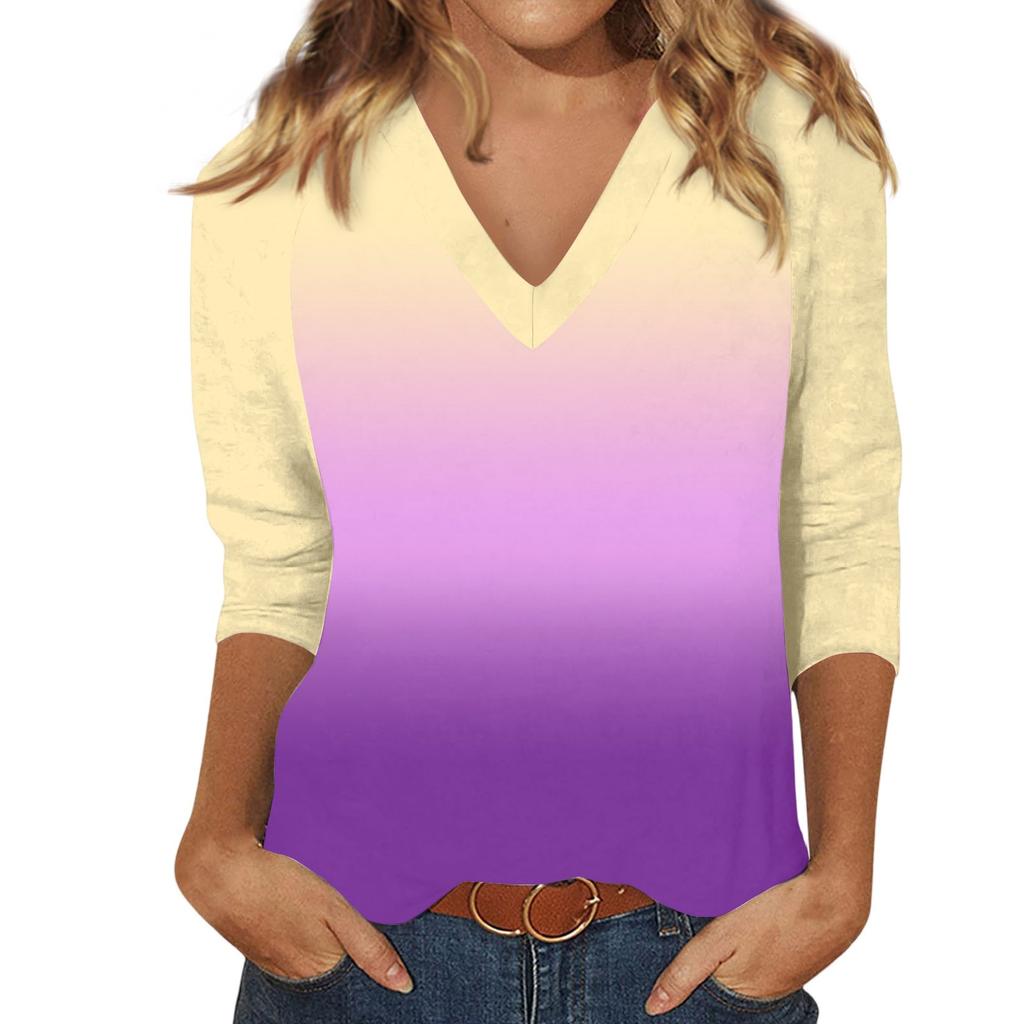 Women'S Casual And Fashionable Patchwork V-Neck Top With Seven Quarter Sleeves Top Women'S Summer Clothes Top Mujer