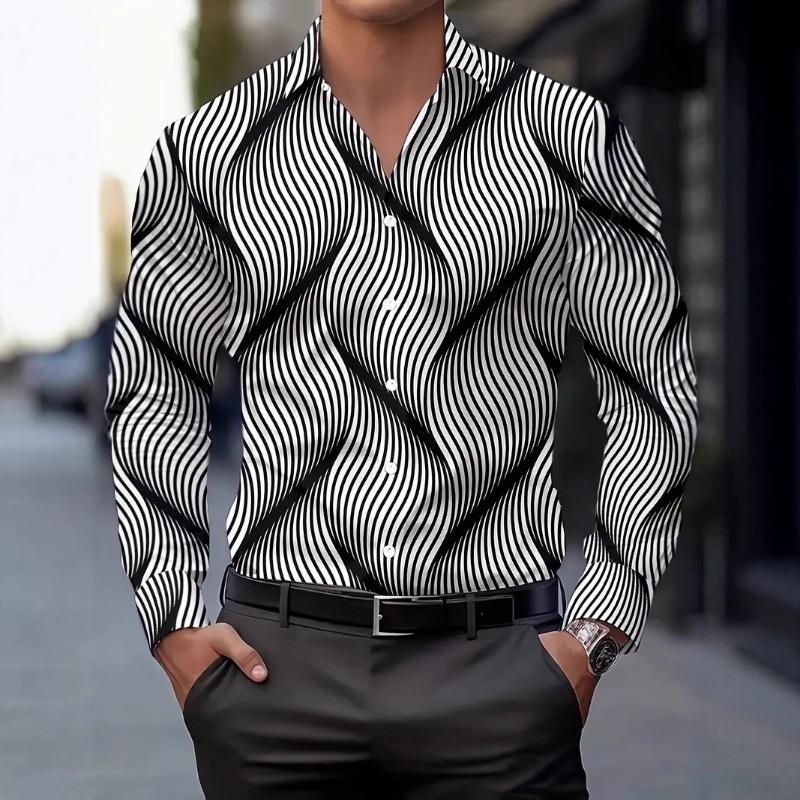 Men Casual Slim Fit Long Sleeve 3d Printed Striped Open Front Shirt
