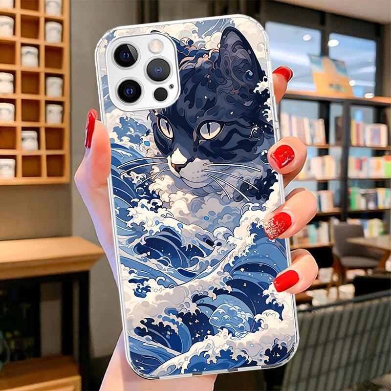 Anime Cat Sea Wave Aesthetic Cover Phone Case For iPhone 16 17 Air 15 14 Pro Max 16E Phone Case 13 Mini 12 11 7 SE 8 Print Patte