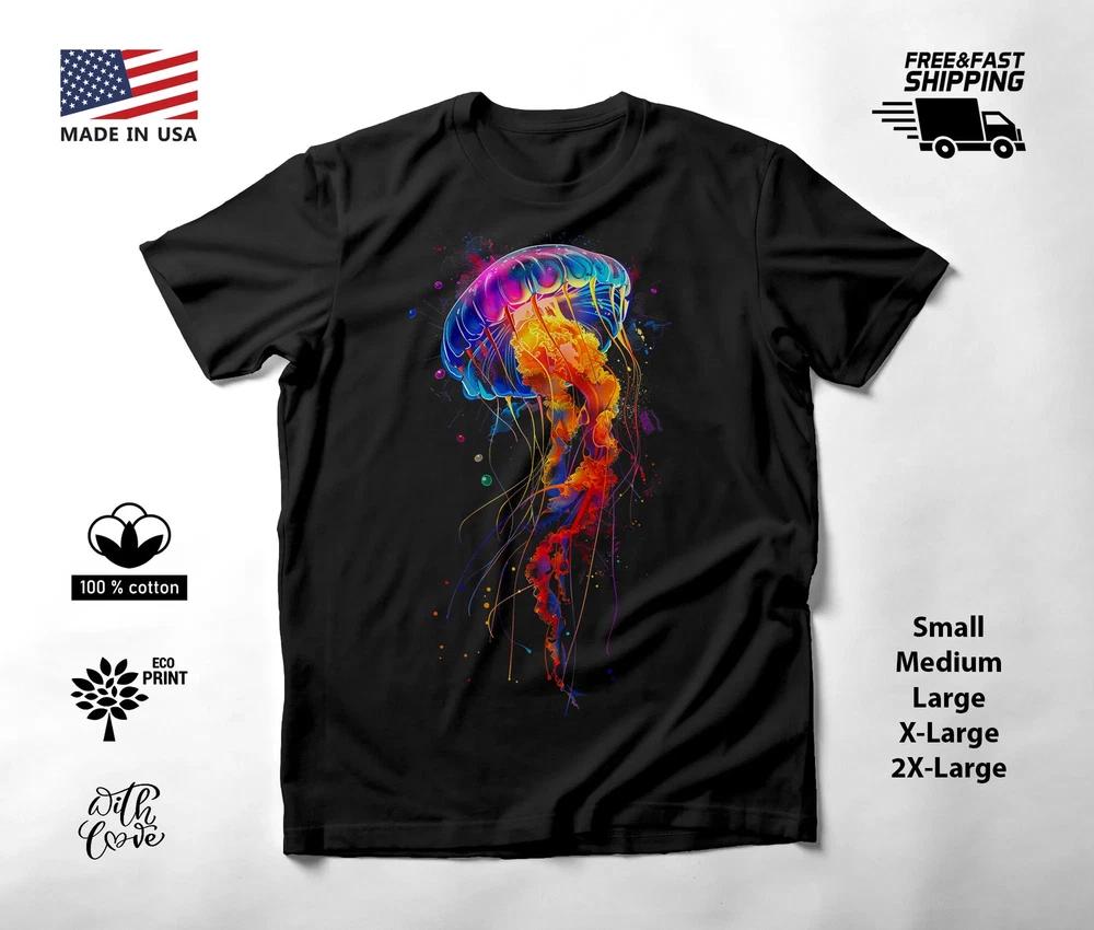Jellyfish Neon Graphic T-Shirt Black Unisex S-2XL
