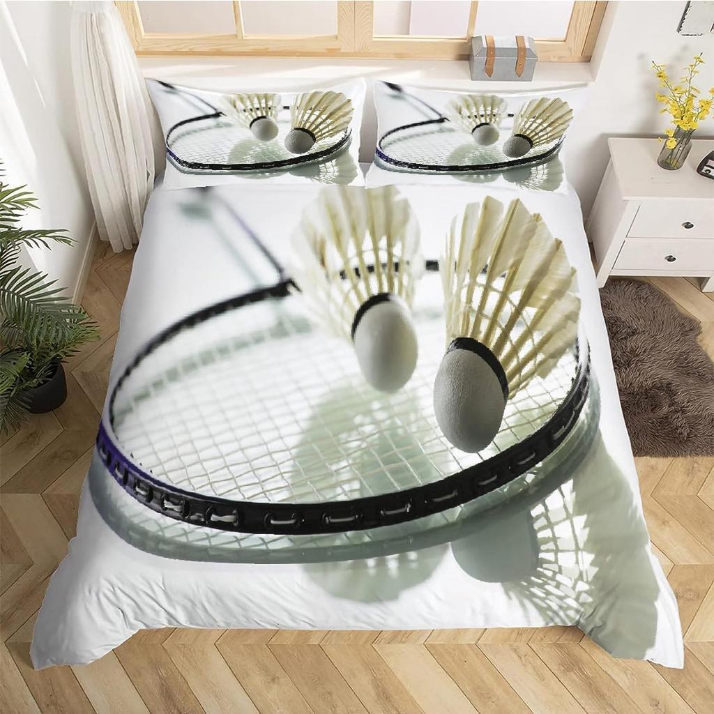 Badminton Duvet Cover Set Kids Badminton Sports Bedding Set Boys Girls Room Decor Ball Games Pattern Black Comforter Cover Sets