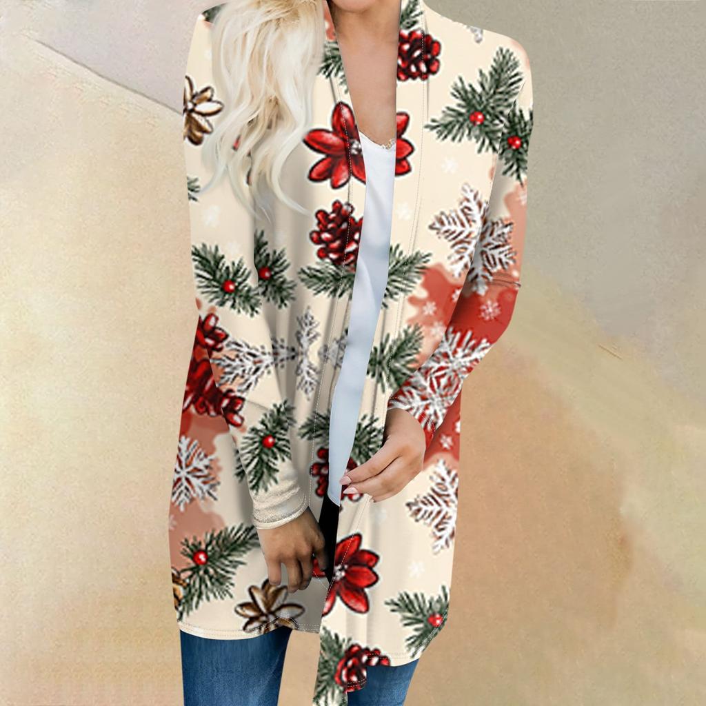 Women's Fashion Casual Christmas Tree Printed Mid-Length Cardigan Jacket