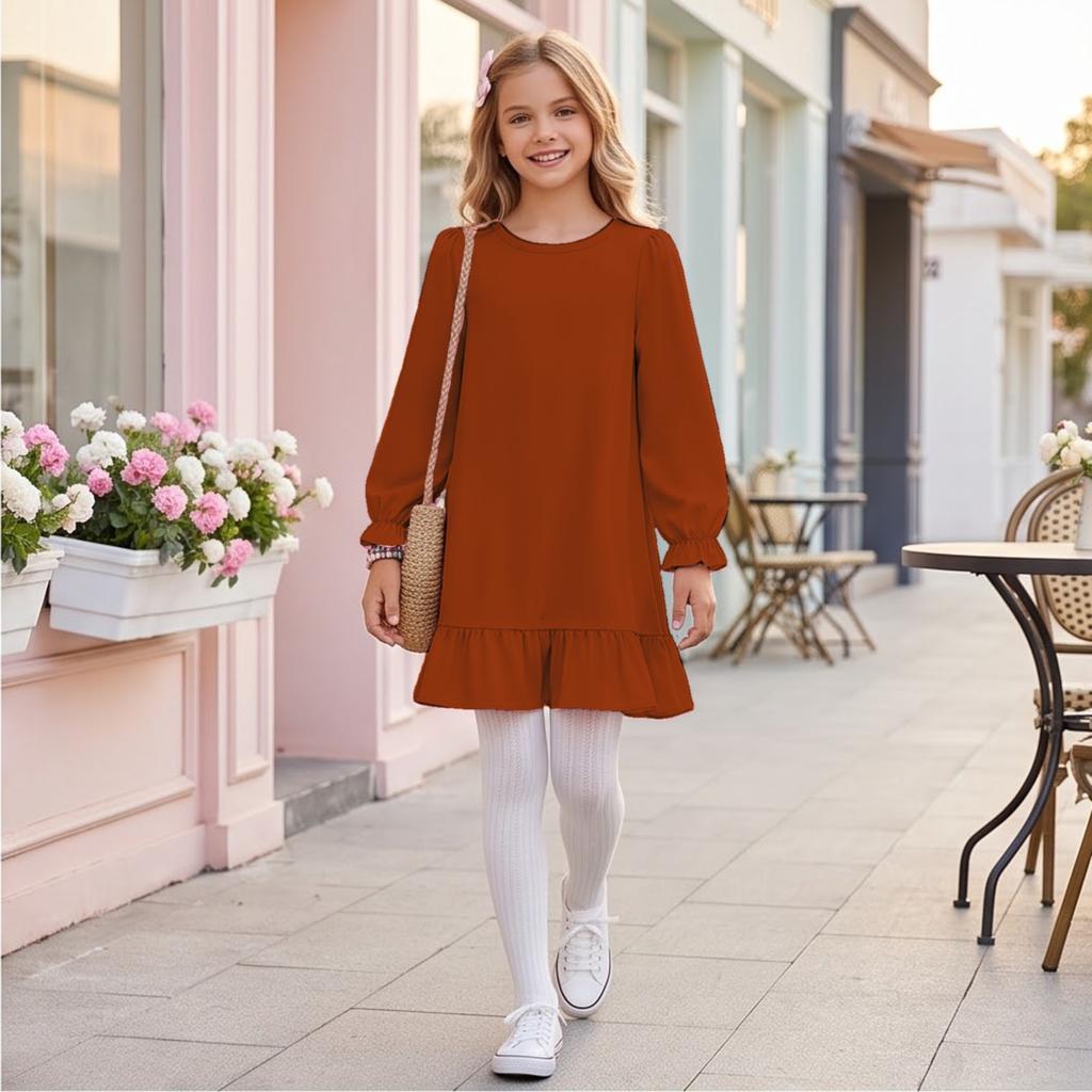 Lässiges Rüschenkleid für Mädchen, Bequemes Farbkleid für Frühling und Herbst zum täglichen Tragen
