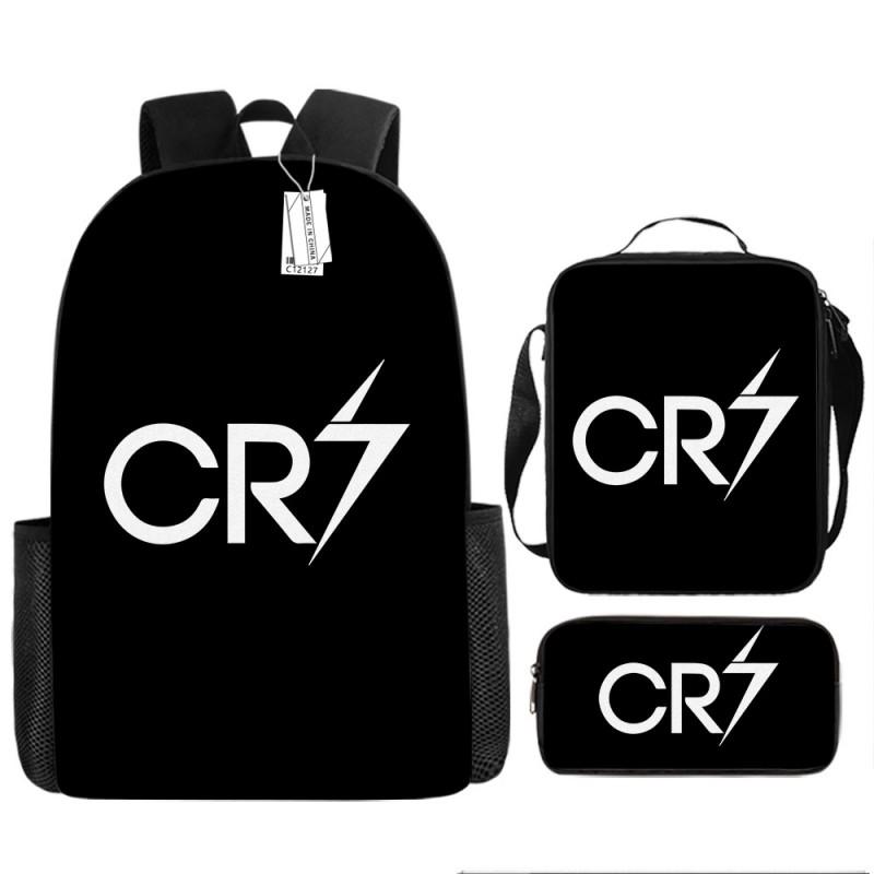 Conjunto de Mochila Escolar Infantil Estampada Cristiano Ronaldo Meninos Meninas 3 Peças Mochila de Tecido Oxford Com Lancheira Estojo