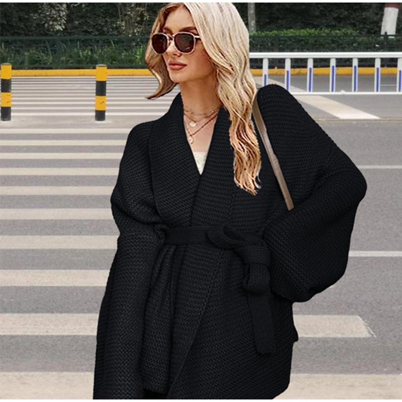 Knitted Female Cardigan Bathrobe Wind Aura Type Lace Up Autumn Winter Lazy Loose Sweater