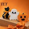 Wooden Ghost Pumpkin Black Cat Ornaments 3Pcs/Set Halloween Tiered Tray Decorations, Cute Small Figurine Set Ornaments, Block Table Signs for
