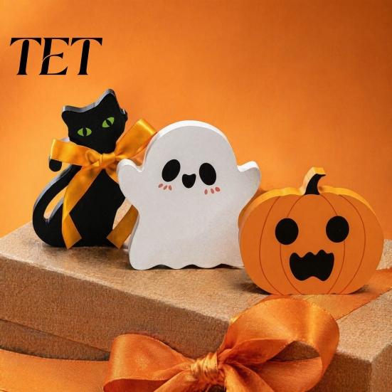 Wooden Ghost Pumpkin Black Cat Ornaments 3Pcs/Set Halloween Tiered Tray Decorations, Cute Small Figurine Set Ornaments, Block Table Signs for