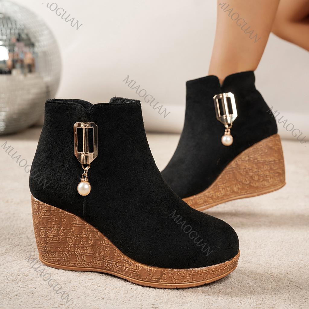 Kurze Stiefel Wildleder Herbst Winter Neu Seitenreißverschluss Keilabsatz Mode Damenschuhe Freizeit Schwarze Plateau Hohe Absätze Stiefeletten