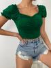 Summer Women's Square Neck T-shirt Fashion Slim Short-sleeved Short Tops Pleated Design Pure Color T-Shirt