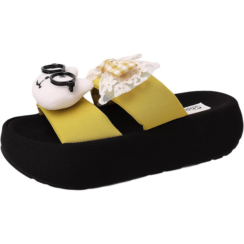 Fashion versatile cute cat cat thick bottom one-word drag female summer bow girl wear flat bottom slippers cool slippers