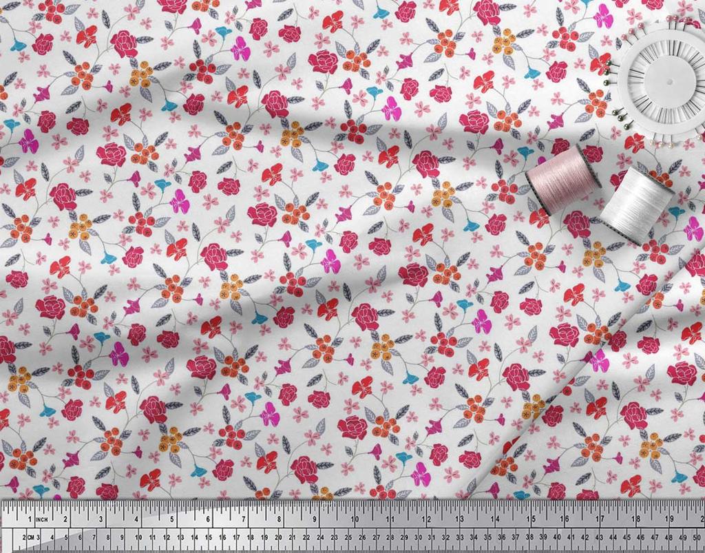 Soimoi Japan Crepe Satin Fabric Berries,Leaves & Floral Artistic Print Fabric by the Metre 42 Inch