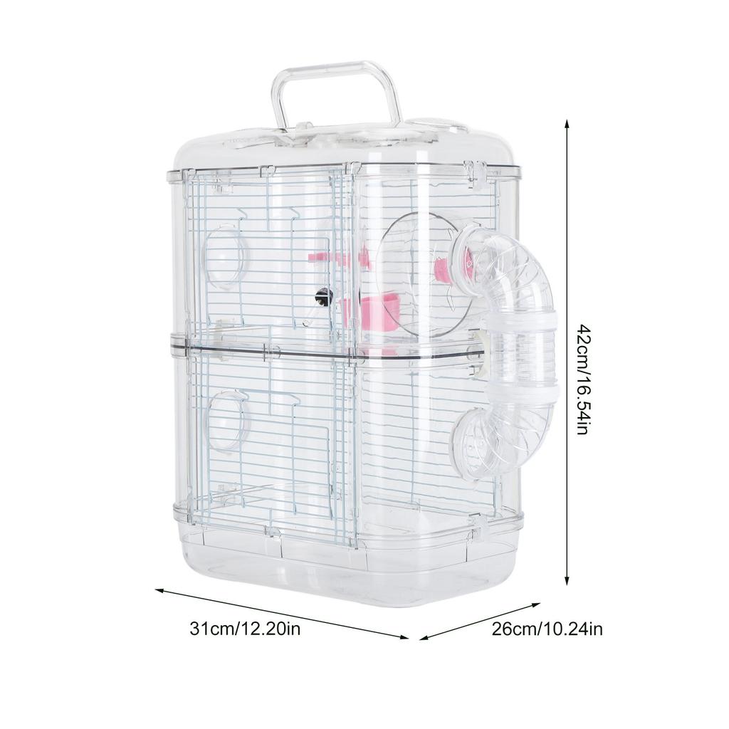 Hamster Cage Double Layer ABS Iron Wire Fun Interactive Small Animal Castle House with Water Bottle and Running Wheels for Home